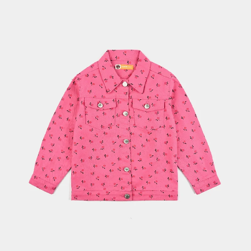 men's workwear jackets -Girls Denim rigid Woven Jacket Floral-Hot Pink