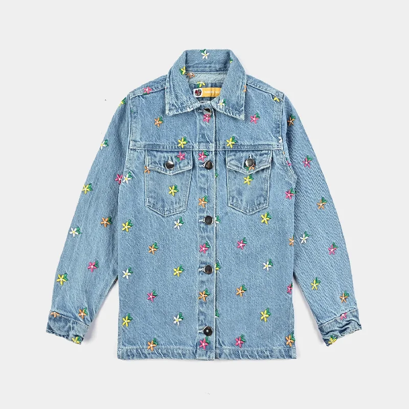 men's long sleeve jackets -Girls Denim rigid Woven Jacket Flower-LT.Blue