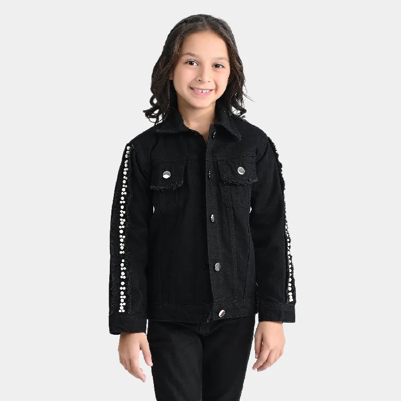 men's down-filled jackets -Girls Denim rigid Woven Jacket Pearl Tape-BLACK