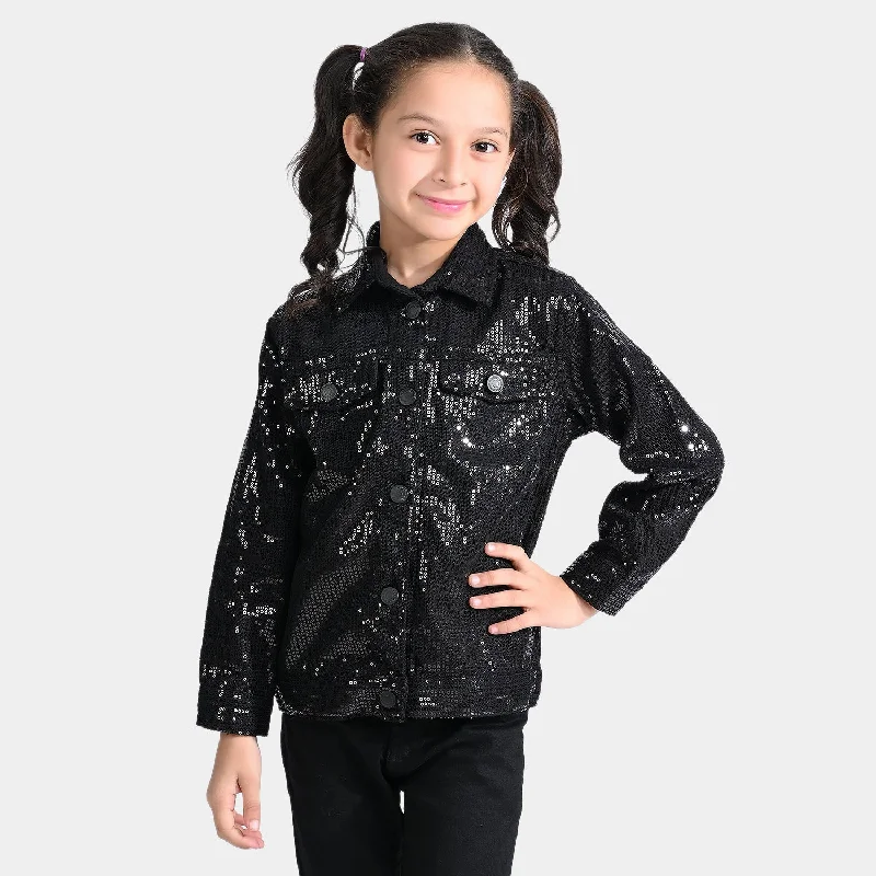 men's weather-resistant jackets -Girls Denim rigid Woven Jacket Sequins Sparkle-BLACK