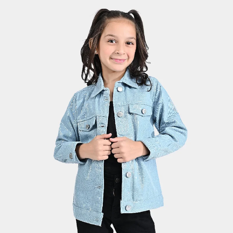 men's parka jackets with fur -Girls Denim rigid Woven Jacket Sequins Sparkle-Ice Blue