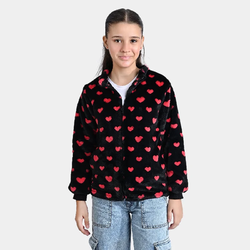 men's versatile jackets for fall -Girls Fleece Knitted Jacket All Hearts-BLACK