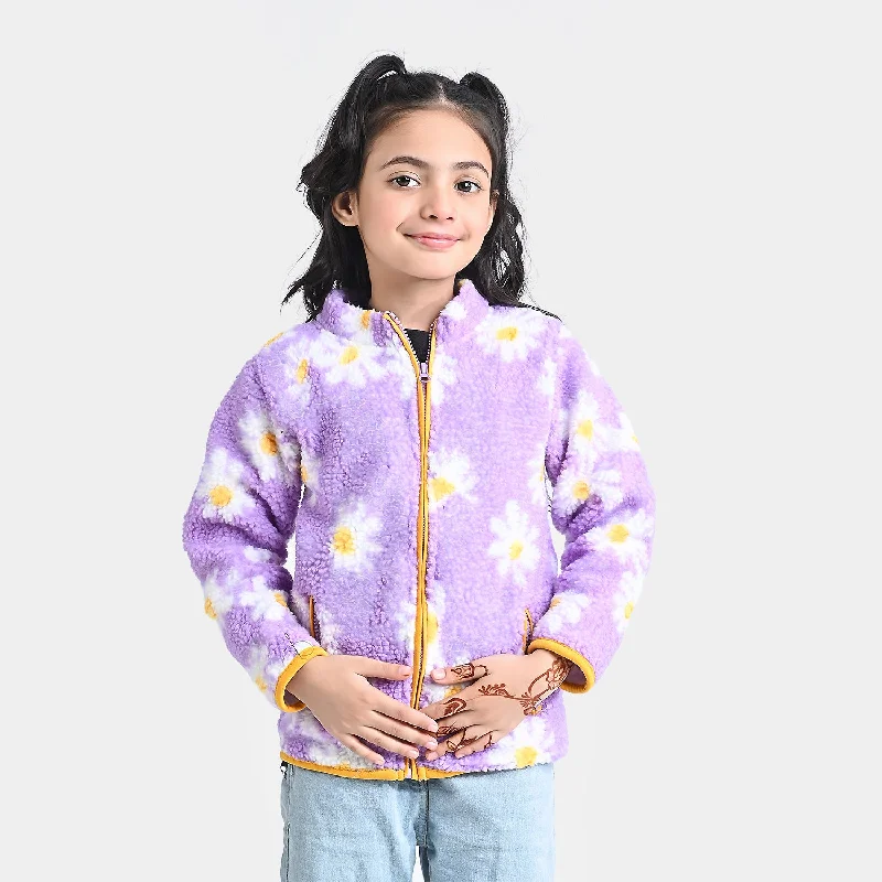 men's trench jackets for winter -Girls Fleece Knitted Jacket Flora-Purple