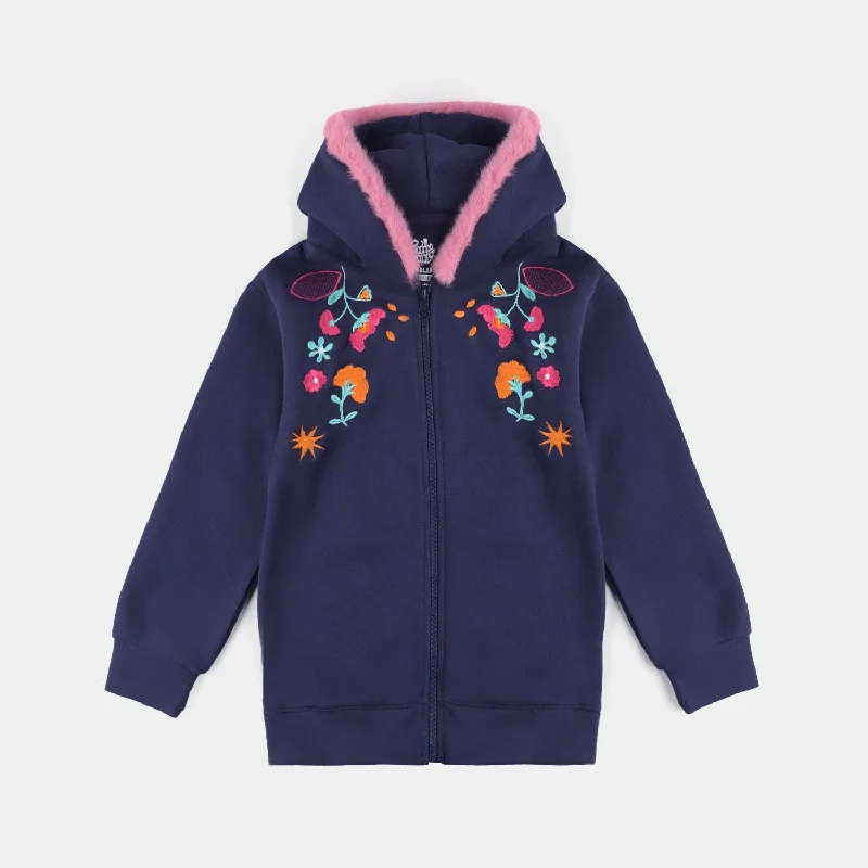 men's tailored outdoor jackets -Girls Fleece Knitted Jacket Flowers-Navy Blue