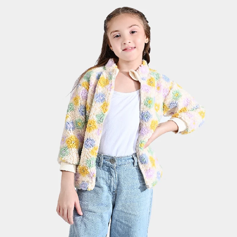 men's casual outerwear jackets -Girls Fleece Knitted Jacket Pastel Garden-Multi