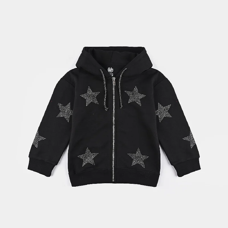 men's performance jackets -Girls Fleece Knitted Jacket Stars-Jet.Black