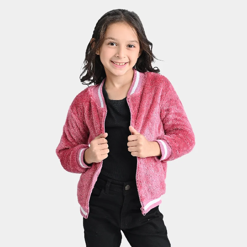 men's stylish parkas -Girls Sherpa With Lurex Knitted Jacket -Pink