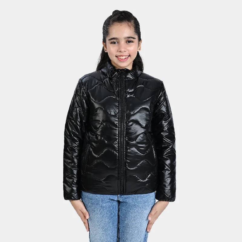 men's slim fit leather jackets -Girls Mix taffeta Quilted Jacket Fuzzy-BLACK