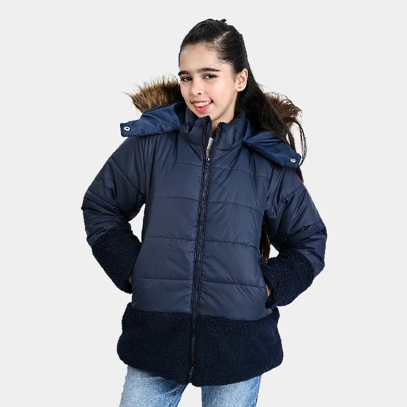 men's parka jackets for cold weather -Girls Mix taffeta Woven Jacket Tumid-NAVY