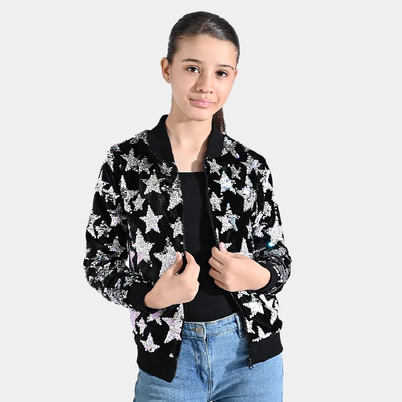 men's fashionable winter jackets -Girls Velvet Sequence Knitted Jacket All Stars-BLACK