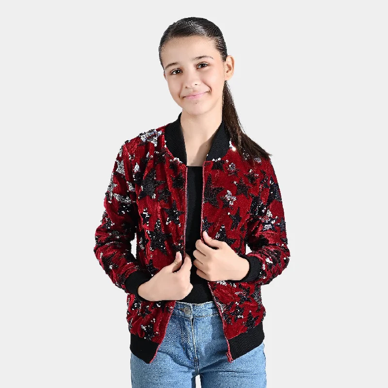 men's stylish outdoor jackets -Girls Velvet Sequence Knitted Jacket All Stars-MAROON