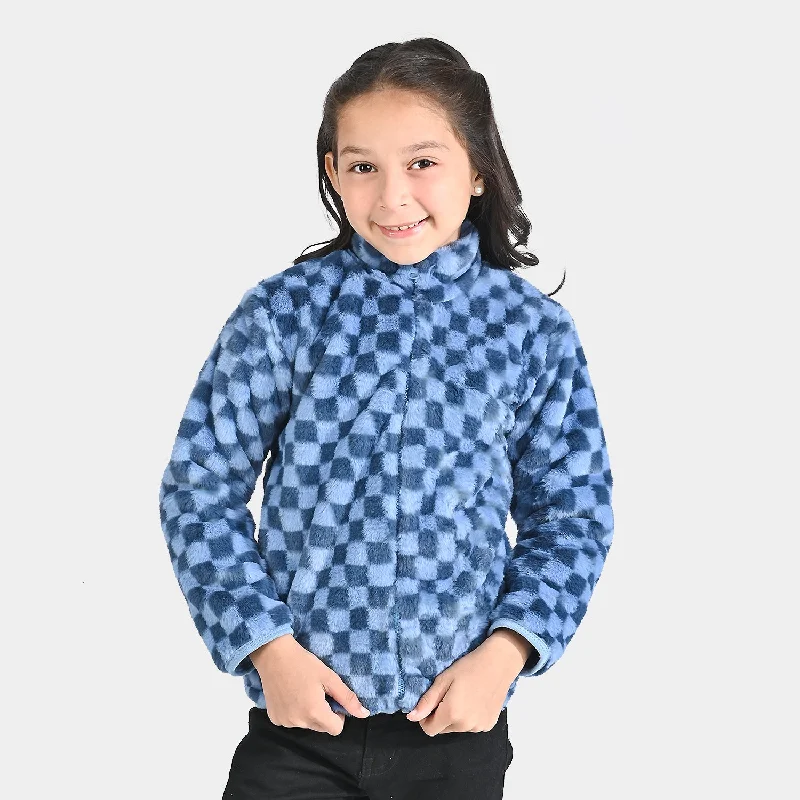 men's warm jackets for fall -Girls Sherpa Jacket Blue Check-Blue