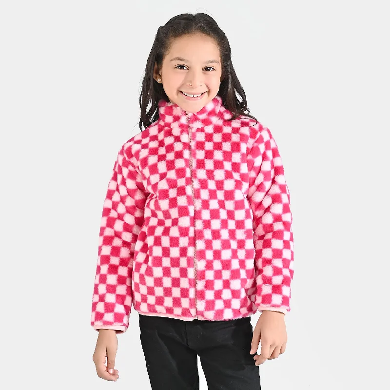 men's stylish leather bomber jackets -Girls Sherpa Jacket Pink Check-Pink