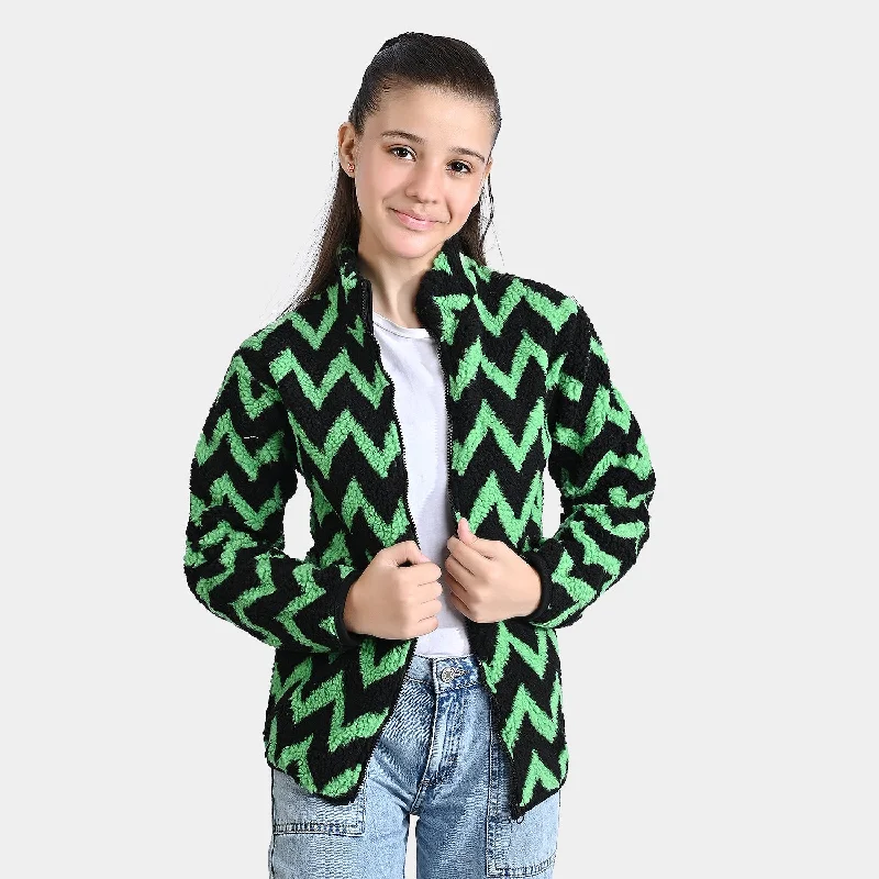 men's zip-up fleece jackets -Girls Sherpa Knitted Jacket Fur Fabric-Green