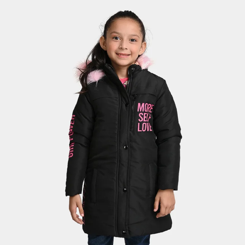 men's varsity jackets -Girls Taffeta Quilted Jacket Parka Smile-Jet Black