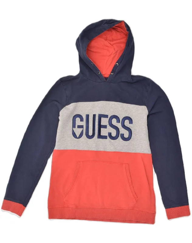 men's hoodie for outdoor wear -GUESS Boys Graphic Hoodie Jumper 15-16 Years Navy Blue Colourblock Cotton