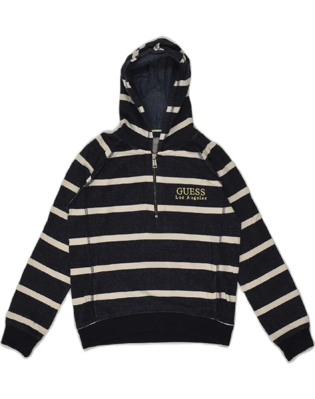 men's hoodie for exercise -GUESS Boys Zip Neck Hoodie Jumper 9-10 Years Navy Blue Striped Cotton