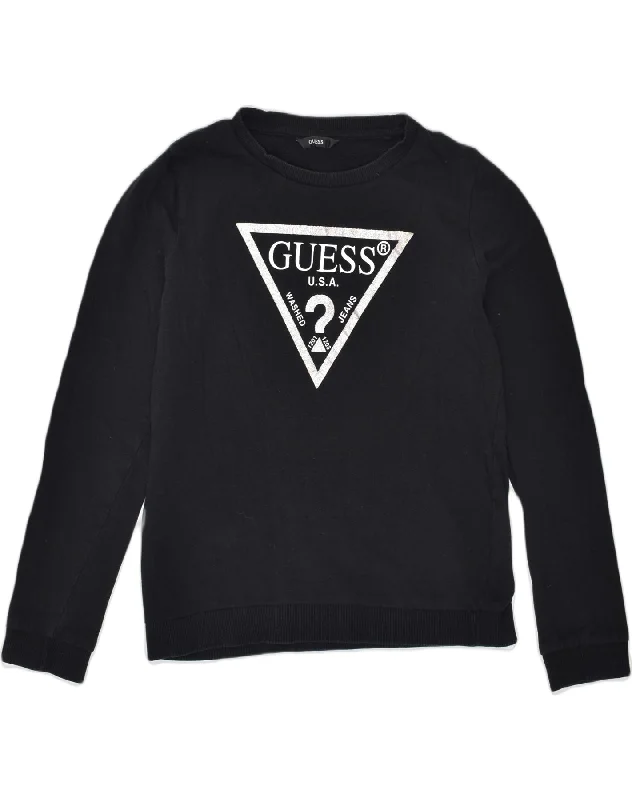 men's light hoodie for spring -GUESS Girls Graphic Sweatshirt Jumper 11-12 Years Black Cotton