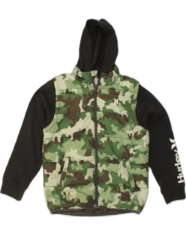 men's packable jackets -HURLEY Boys Graphic Hooded Padded Jacket 15-16 Years XL Green Camouflage