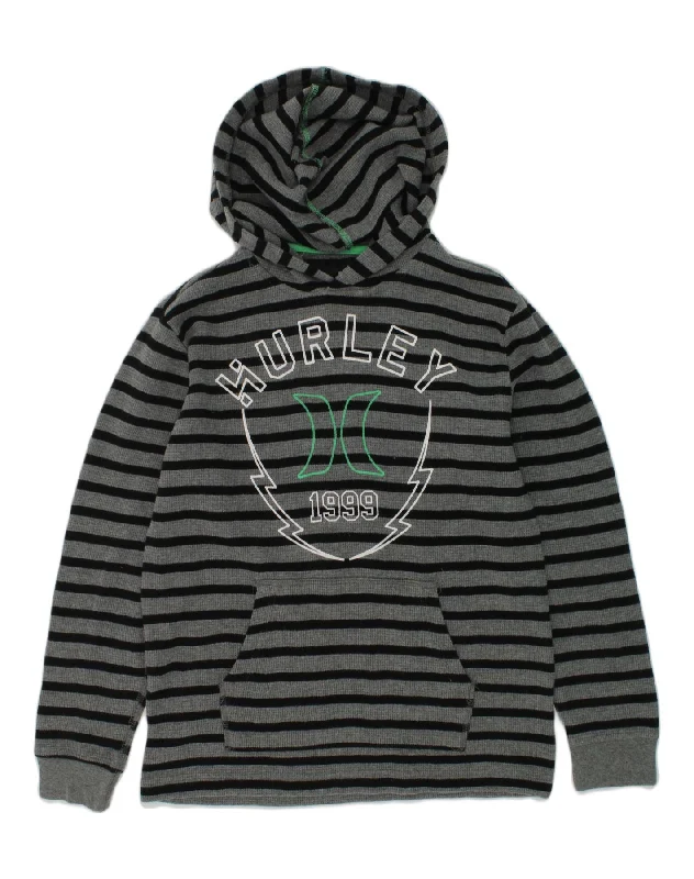 men's hoodie with creative prints -HURLEY Boys Graphic Hoodie Jumper 12-13 Years Grey Striped Cotton