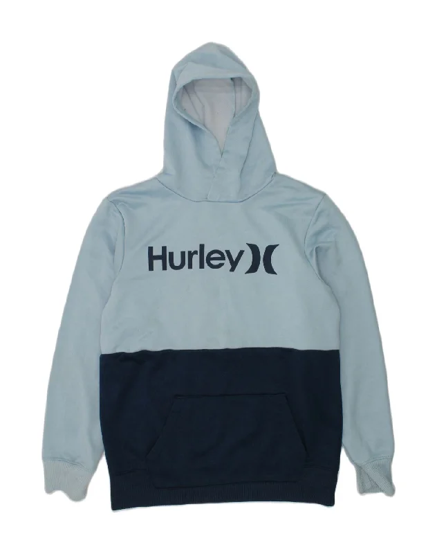 men's workout sweatshirts -HURLEY Boys Graphic Hoodie Jumper 12-13 Years Large Blue Colourblock