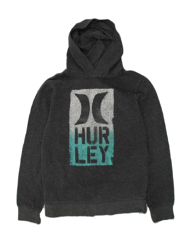 men's zip-up hoodie for hiking -HURLEY Boys Graphic Hoodie Jumper 13-14 Years XL Grey Cotton