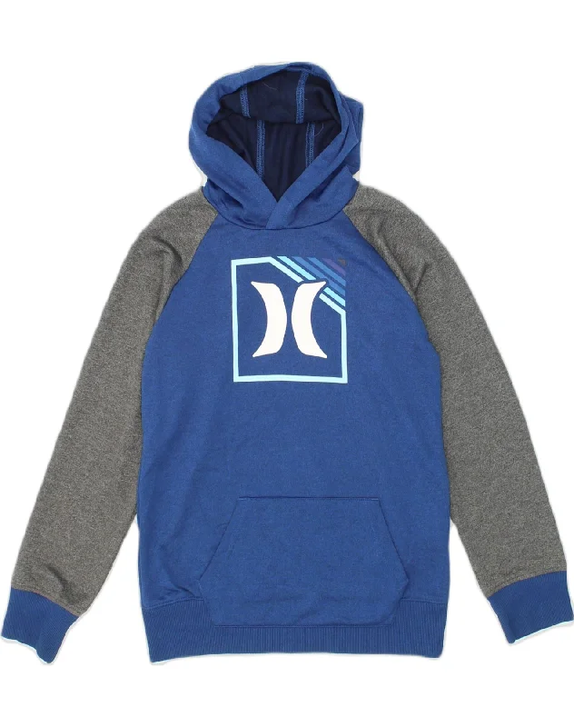 men's casual hoodies with stripes -HURLEY Boys Graphic Hoodie Jumper 14-15 Years Blue Colourblock Polyester