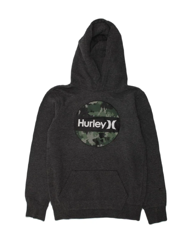 men's graphic hoodies -HURLEY Boys Graphic Hoodie Jumper 14-15 Years Grey Cotton