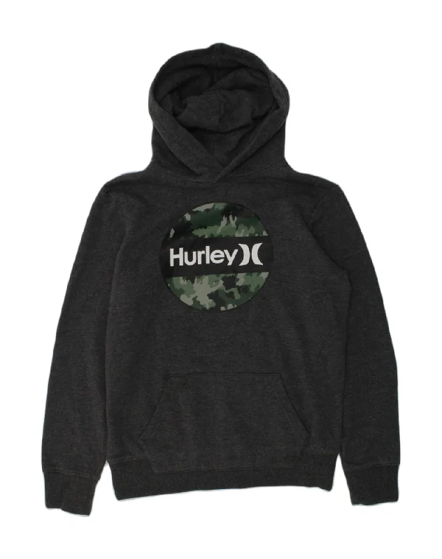 men's comfy hoodie sweatshirt -HURLEY Boys Graphic Hoodie Jumper 14-15 Years Grey Cotton