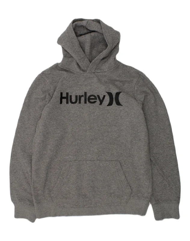 men's oversized hoodie sweatshirt -HURLEY Boys Graphic Hoodie Jumper 15-16 Years Grey Cotton