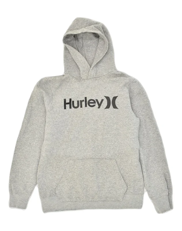 men's hoodie for hiking -HURLEY Boys Graphic Hoodie Jumper 15-16 Years Grey Cotton