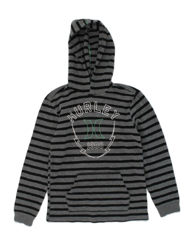 men's long sleeve hoodie -HURLEY Boys Graphic Hoodie Jumper 7-8 Years Medium  Grey Striped Cotton