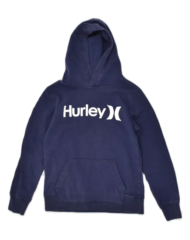 men's comfortable pullover sweatshirts -HURLEY Boys Graphic Hoodie Jumper 9-10 Years Medium Navy Blue Cotton