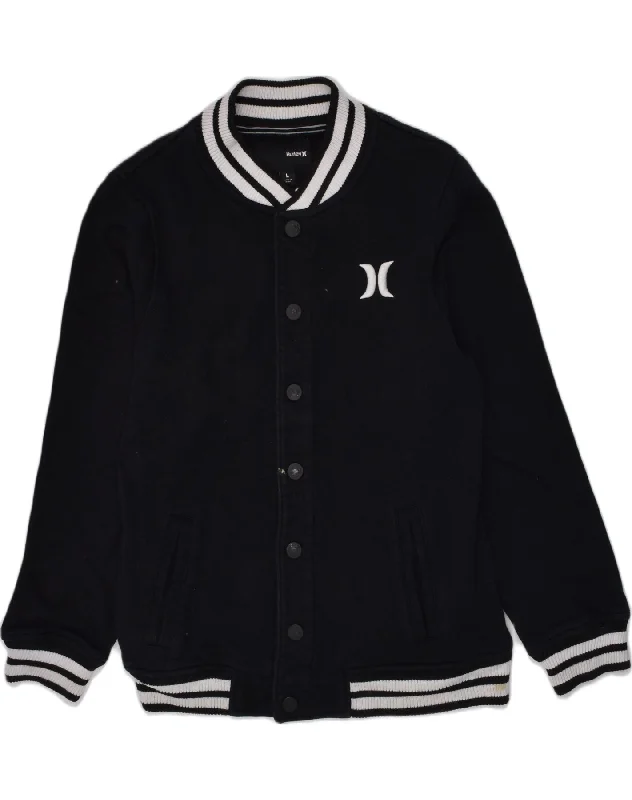 men's wind-resistant jackets -HURLEY Boys Graphic Varsity Jacket 11-12 Years Large Black Cotton