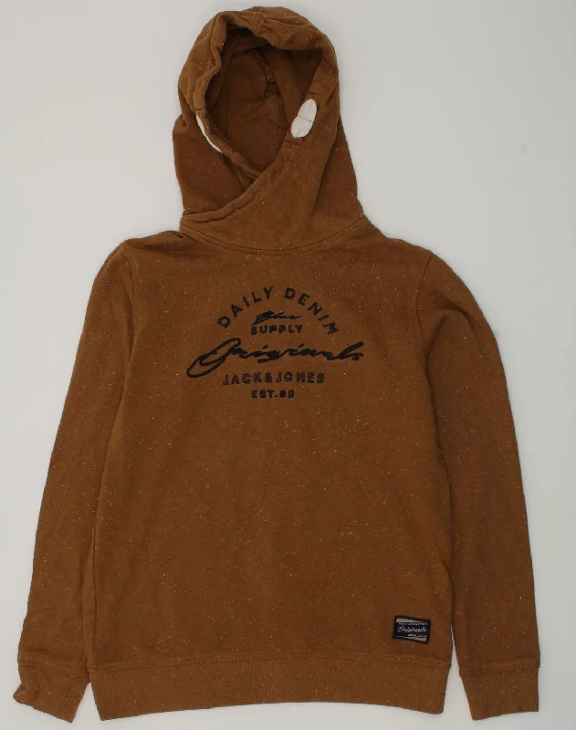 men's hoodie with high collar -JACK & JONES Boys Graphic Hoodie Jumper 13-14 Years Brown Flecked Cotton