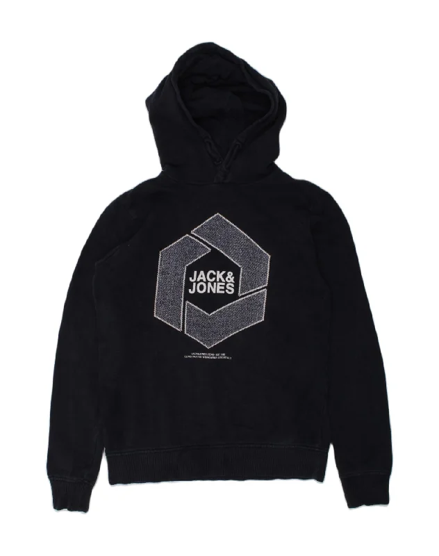 men's zip-up hoodie for hiking -JACK & JONES Boys Graphic Hoodie Jumper 15-16 Years Navy Blue Cotton