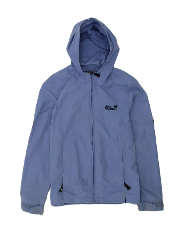 men's trench coats -JACK WOLFSKIN Girls Graphic Hooded Rain Jacket 11-12 Years Navy Blue