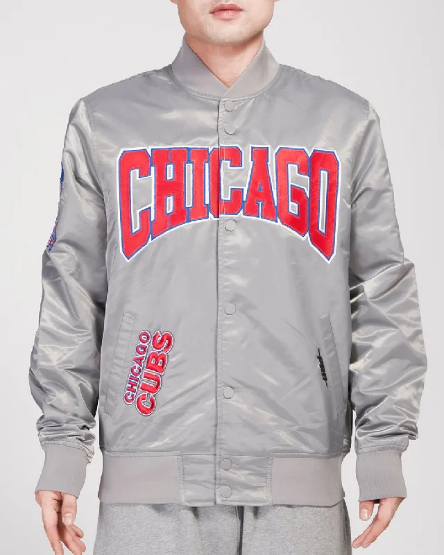 men's bomber jackets -MLB CHICAGO CUBS CREST EMBLEM SATIN JACKET (GRAY)