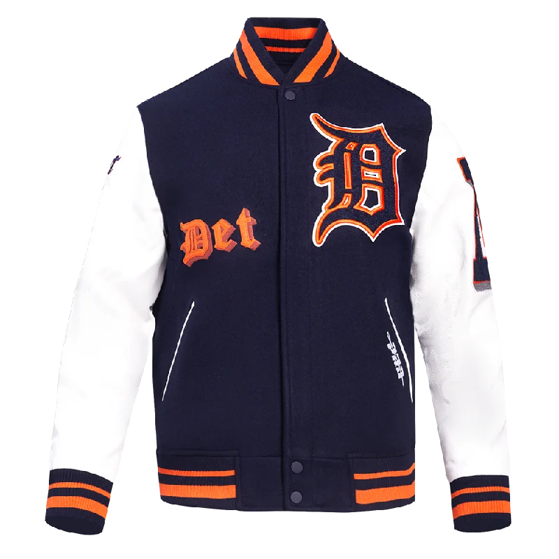 men's casual jackets -MLB DETROIT TIGERS OLD ENGLISH MEN'S RIB WOOL VARSITY JACKET (MIDNIGHT NAVY/ORANGE/MIDNIGHT NAVY)