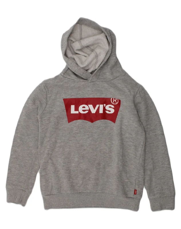 men's pullover hoodie with pockets -LEVI'S Boys Graphic Hoodie Jumper 8-9 Years Medium Grey Cotton