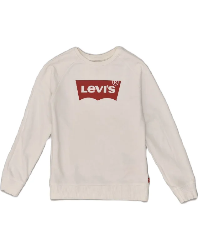 men's hoodie with zippered pockets -LEVI'S Boys Graphic Sweatshirt Jumper 13-14 Years White Cotton