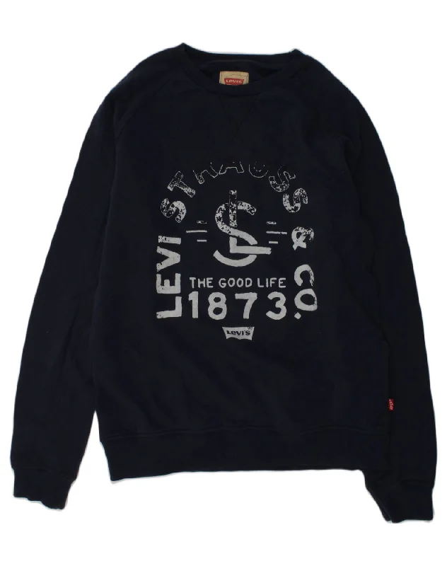 men's hoodie for layering -LEVI'S Boys Graphic Sweatshirt Jumper 15-16 Years Navy Blue Cotton