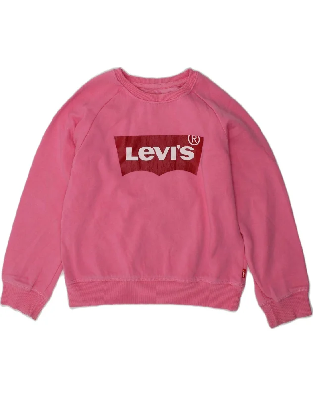 men's trendy zip-up sweatshirts -LEVI'S Girls Graphic Sweatshirt Jumper 9-10 Years Medium Pink Cotton