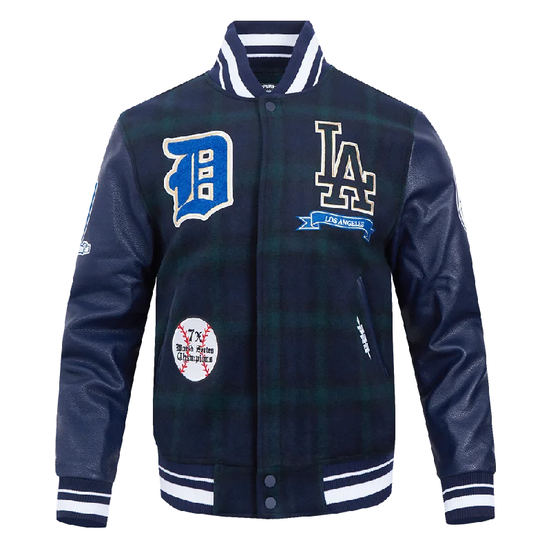 men's waterproof puffer jackets -MLB LOS ANGELES DODGERS PRO PREP PLAID WOOL VARSITY JACKET (FOREST GREEN/MIDNIGHT NAVY)