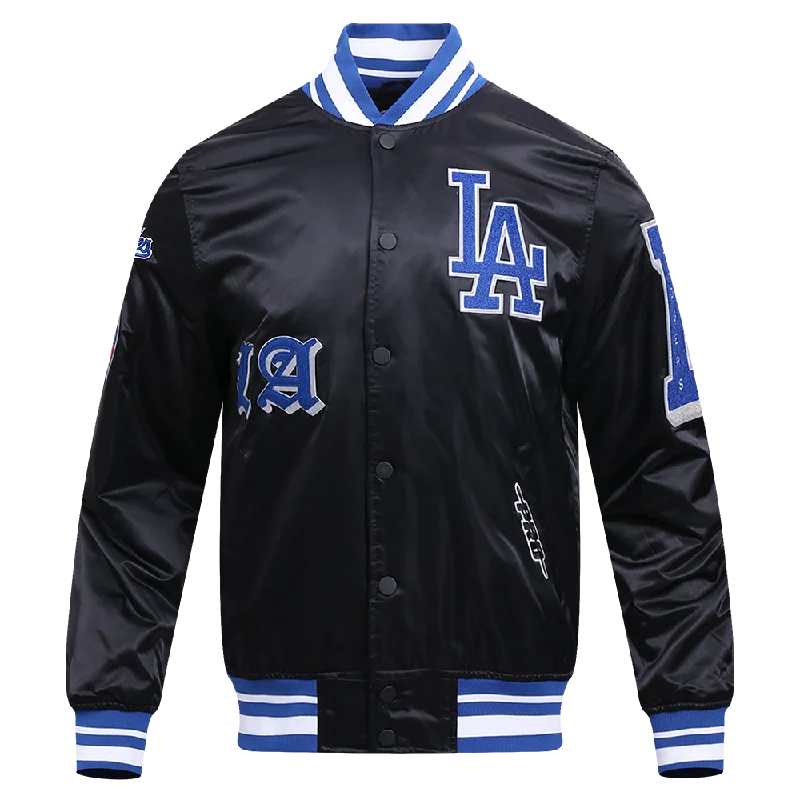 men's warm parkas for winter -MLB LOS ANGELES DODGERS OLD ENGLISH MEN'S RIB SATIN JACKET (BLACK/DODGER BLUE)