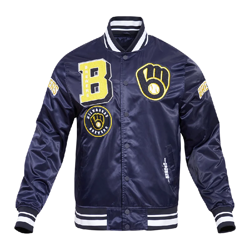 men's lightweight windbreakers -MLB MILWAUKEE BREWERS MASHUP MEN'S SATIN JACKET (MIDNIGHT NAVY)