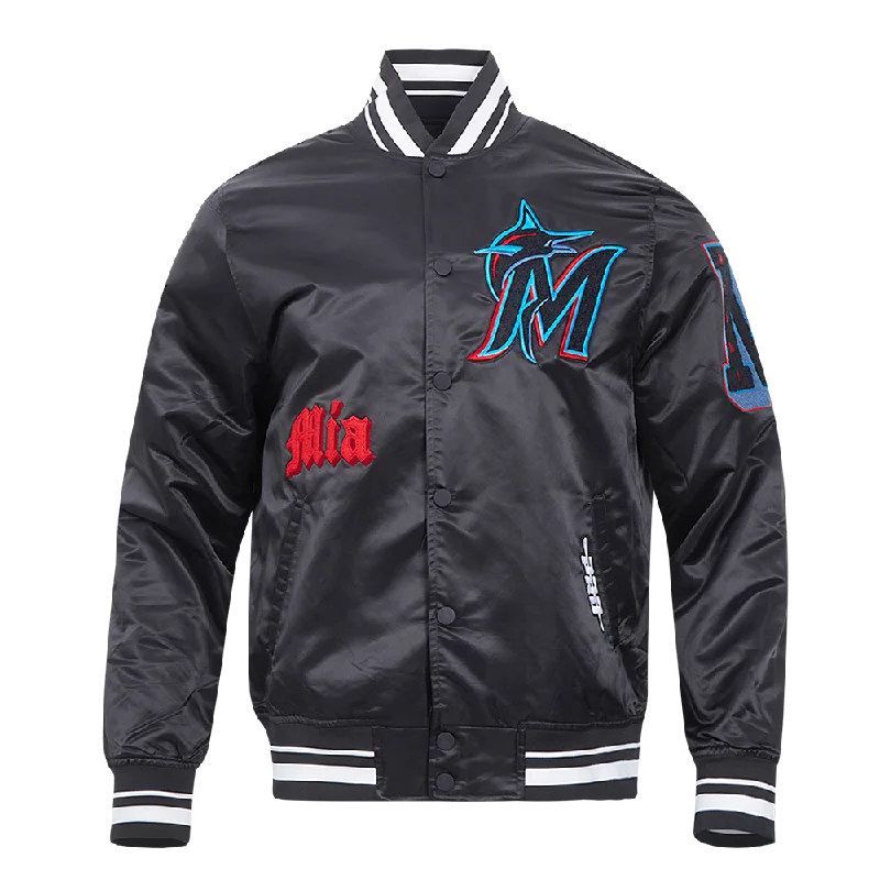 men's slim-fit jackets for work -MLB MIAMI MARLINS OLD ENGLISH MEN'S RIB SATIN JACKET (BLACK)