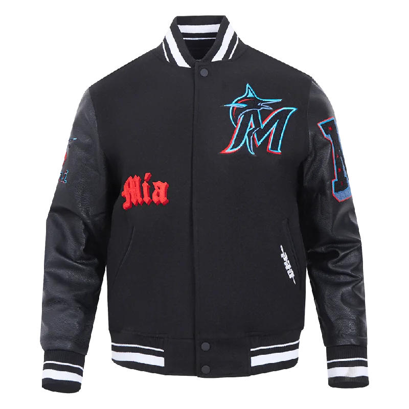 men's waterproof puffer jackets -MLB MIAMI MARLINS OLD ENGLISH MEN'S RIB WOOL VARSITY JACKET (BLACK)