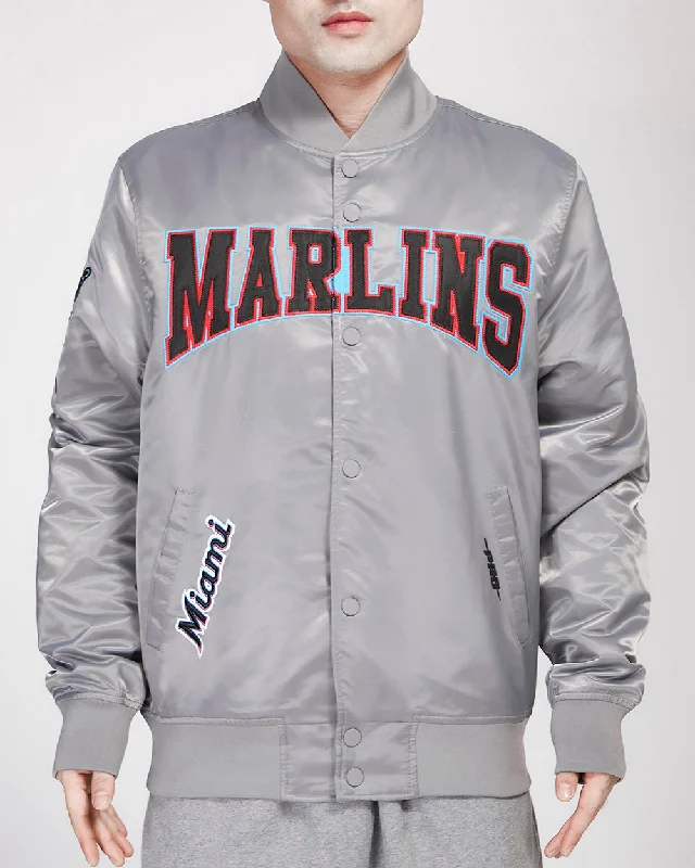 men's leather jacket with lining -MLB MIAMI MARLINS CREST EMBLEM SATIN JACKET (GRAY)