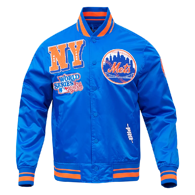 men's vintage jackets -MLB NEW YORK METS MASHUP LOGO MEN'S SATIN JACKET (ROYAL BLUE)